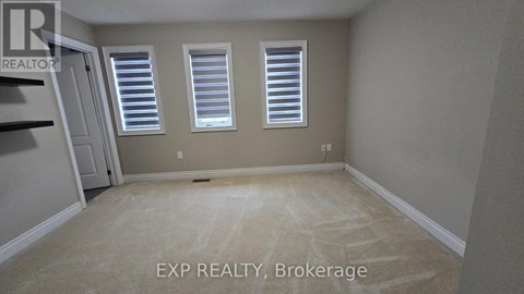 A room with a carpeted floor and two windows with blinds.