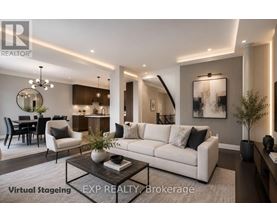 A modern living room with a white sofa, a coffee table, and a dining table with chairs.