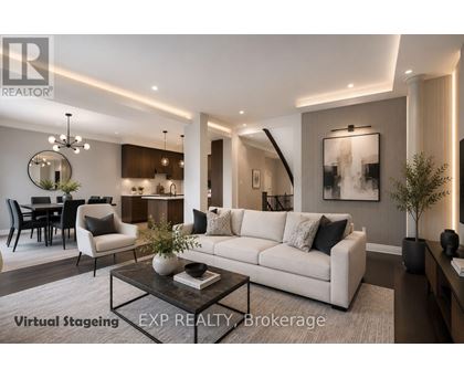 A modern living room with a white sofa, a coffee table, and a dining table with chairs.