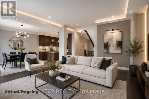A modern living room with a white sofa, a coffee table, and a dining table with chairs.