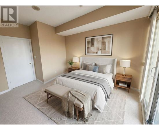 A bedroom with a bed, nightstands, and a bench.