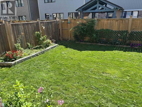 A backyard with a wooden fence and a green lawn.