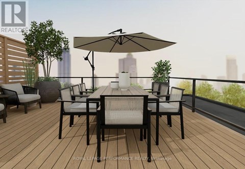 A table set for six with a view of the city.