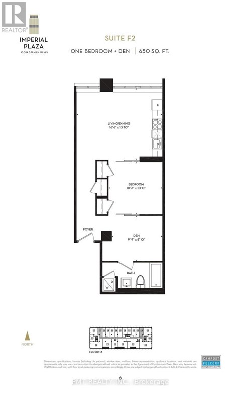 A floor plan for a one bedroom apartment in the Imperial Plaza Condominiums.
