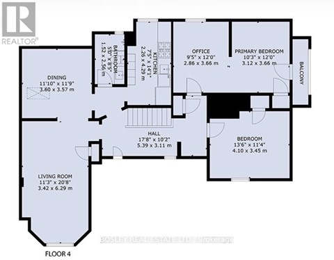 A floor plan of a house with a living room, dining room, kitchen, office, two bathrooms, a hall, and two bedrooms.