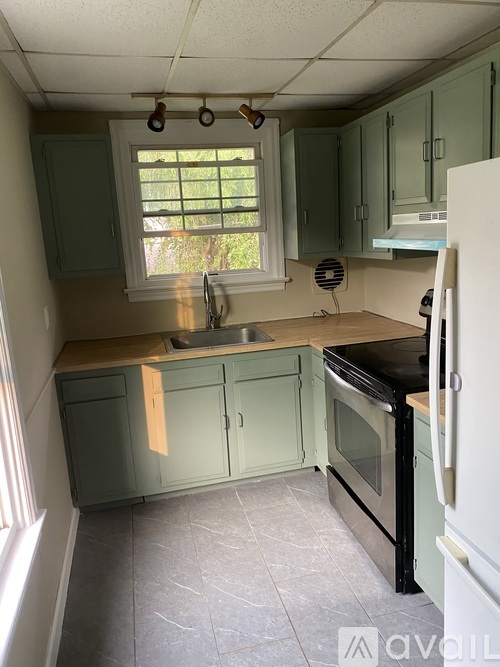 A kitchen with green cabinets and a black oven.