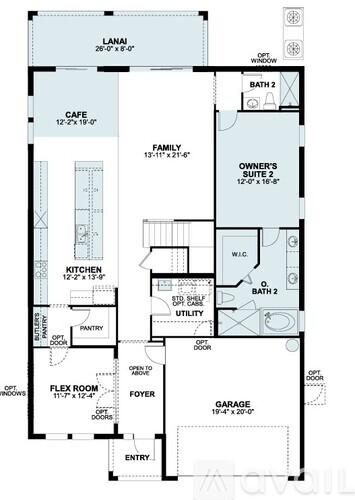 A floor plan of a house with a garage, two bathrooms, a kitchen, a cafe, a pantry, a foyer, a family room, and a lanai.
