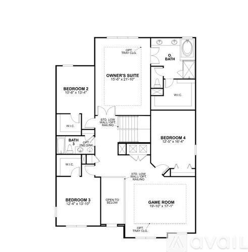 A floor plan of a house with four bedrooms and a game room.