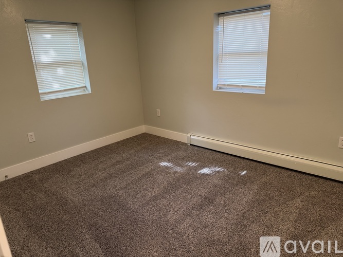 A room with carpeted floor and two windows.