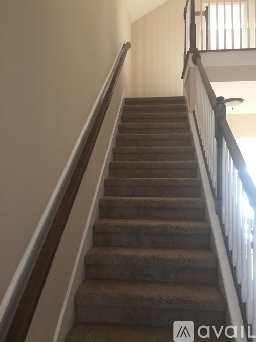 A staircase with a carpeted runner and white balusters.