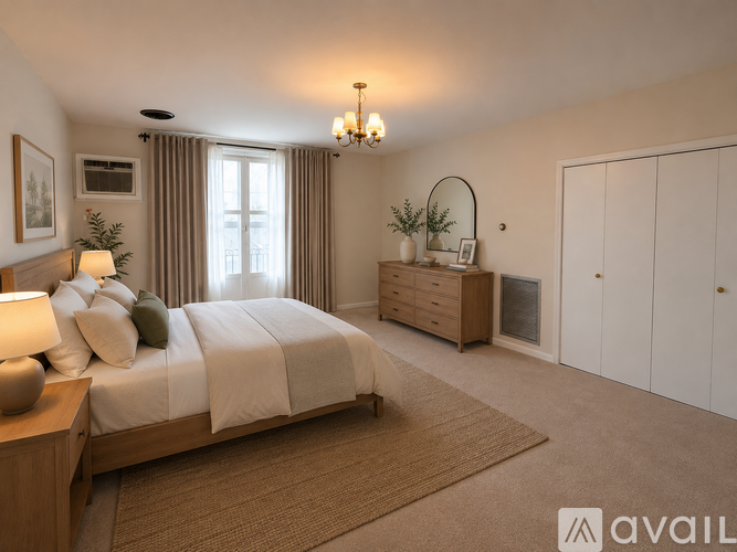 A well-lit bedroom with a large bed, a chandelier, and a wooden dresser.