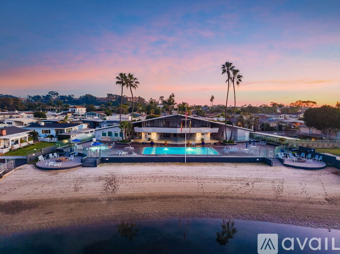 A beachfront property with a swimming pool and palm trees.