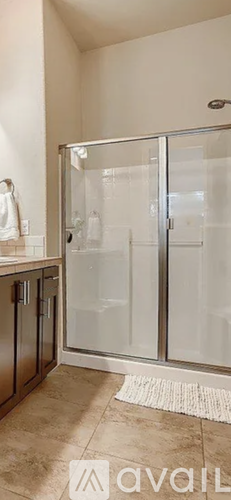 A bathroom with a glass shower door and a white rug on the floor.