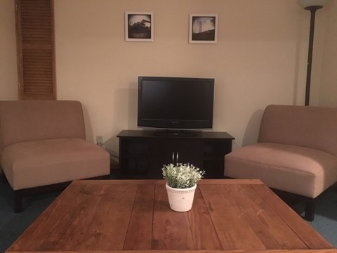 A living room with a flat screen TV and two chairs.