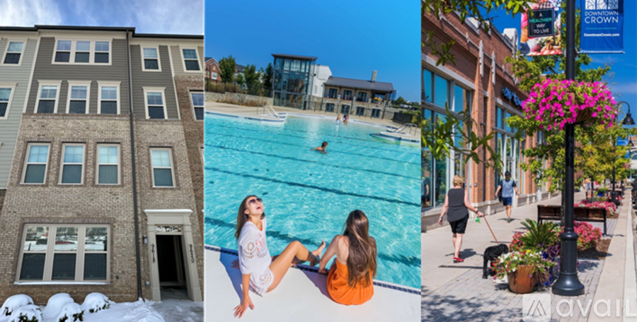 A collage of a building, a swimming pool, and a street scene.