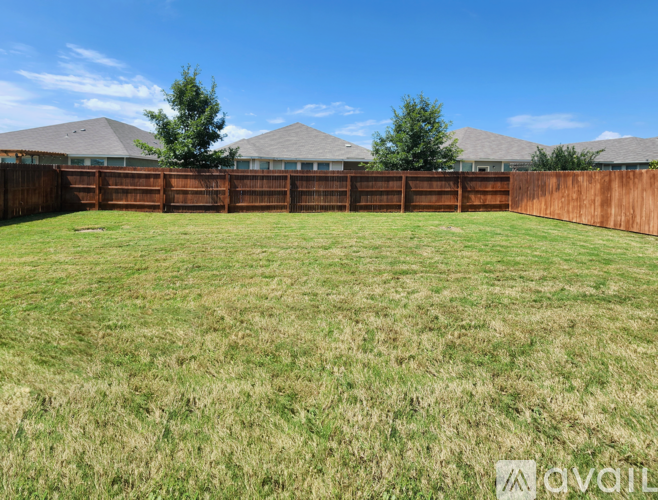 A backyard with a wooden fence and a grassy field.