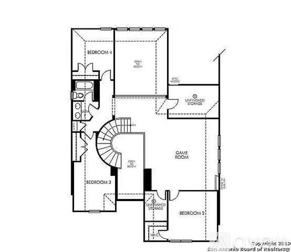 A floor plan of a house with four bedrooms and a game room.