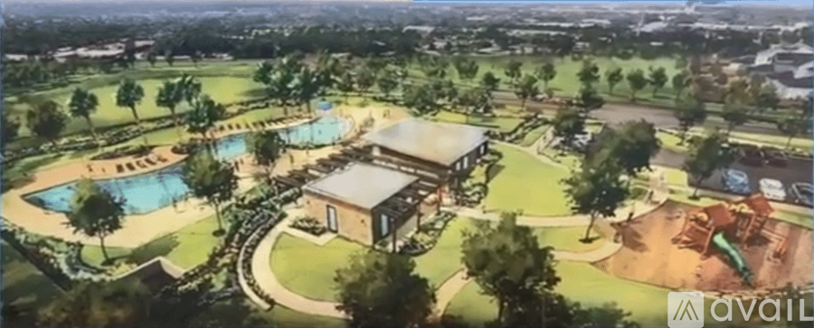 A rendering of a park with a pavilion, a playground, and a pool.