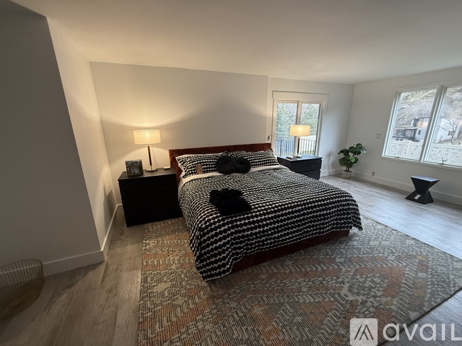 A bedroom with a bed, nightstands, and a rug.