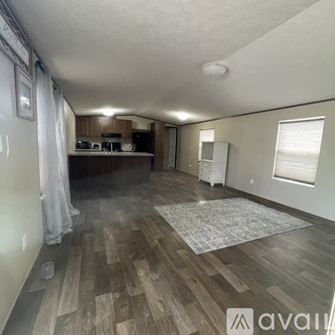 A living room with a kitchen in the background and a rug on the floor.
