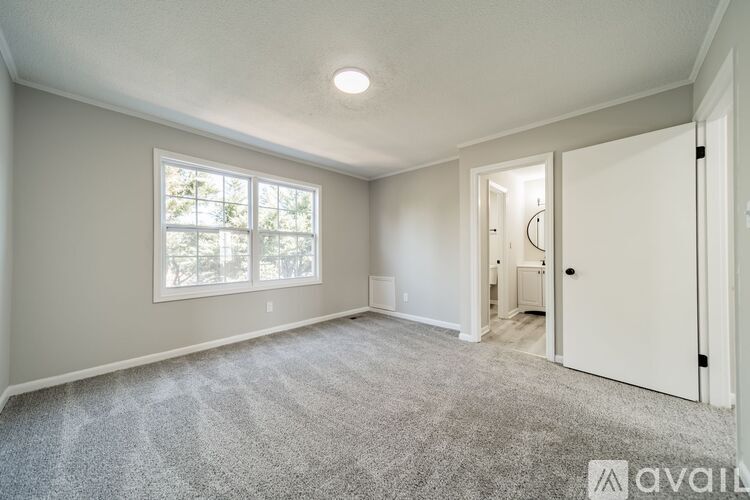 A room with a carpeted floor and a window with a view of trees outside.