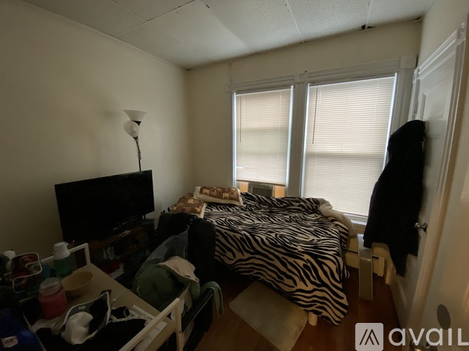 A bedroom with a zebra print bedspread and a television.
