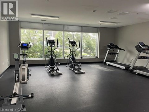 A gym with treadmills, elliptical machines, and a rowing machine.