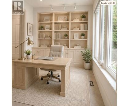 A well-lit office with a desk, chair, and shelves with decorative items.
