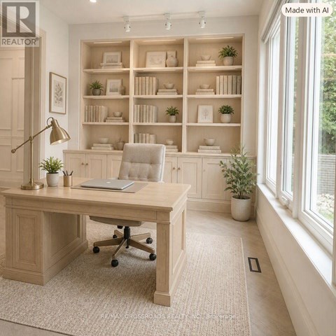 A well-lit office with a desk, chair, and shelves with decorative items.