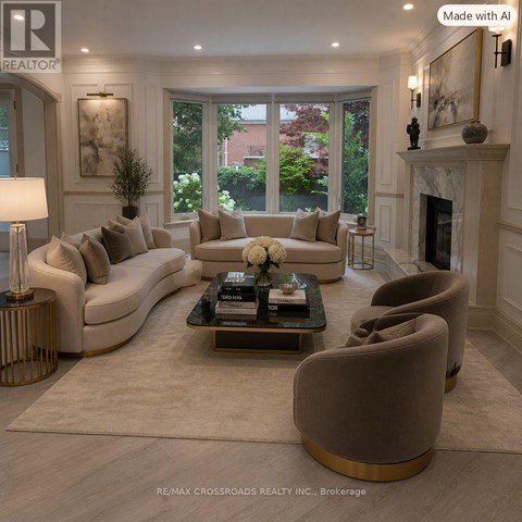 A well-lit, modern living room with a fireplace and comfortable seating.