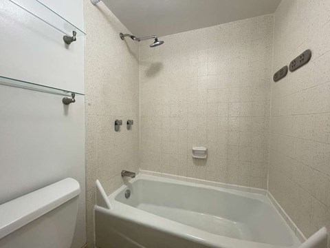 A white bathtub in a bathroom with a glass shower door.