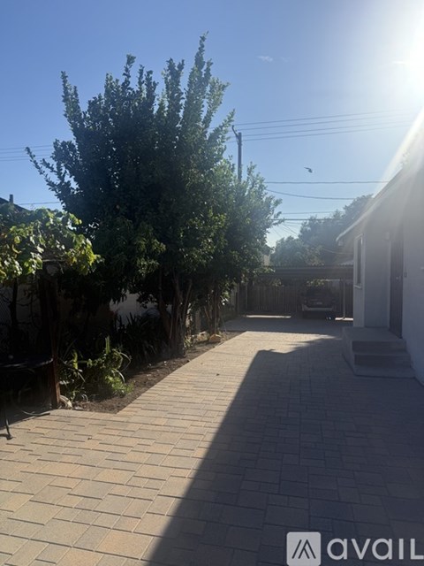 A sunny day in a quiet residential area with a clear blue sky.