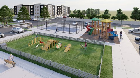 A playground with a swing set and a slide.