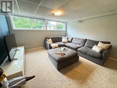 A living room with a grey couch and a coffee table.