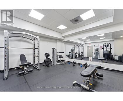 A gym with a variety of equipment including a squat rack, bench, and weights.