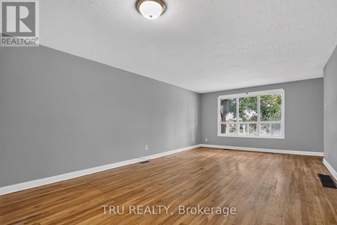 A room with wooden flooring and a window showing trees outside.