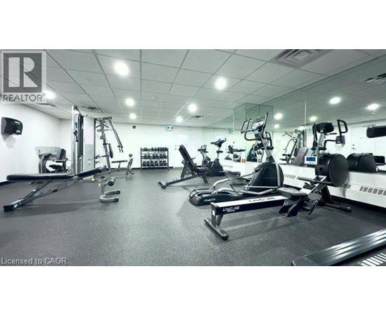 A gym with a variety of exercise equipment including treadmills, stationary bikes, and weight machines.