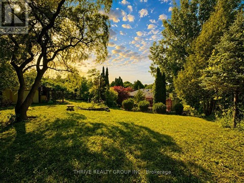 A lush green lawn with trees and a house in the background.