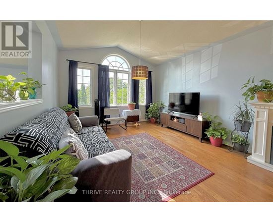 A living room with a grey couch and a red rug.