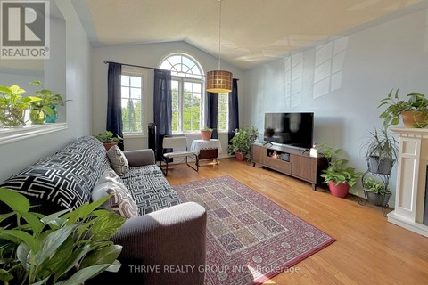 A living room with a grey couch and a red rug.