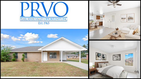 A real estate company named PRVO shows a house with a front yard, a living room, and a bedroom.