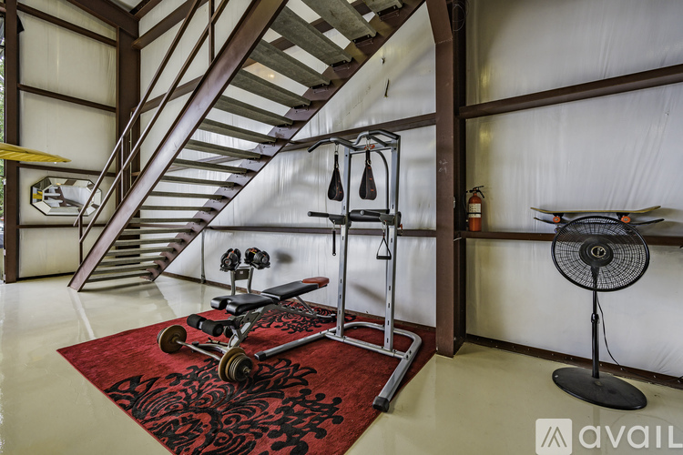 A gym room with a red rug and a fan.