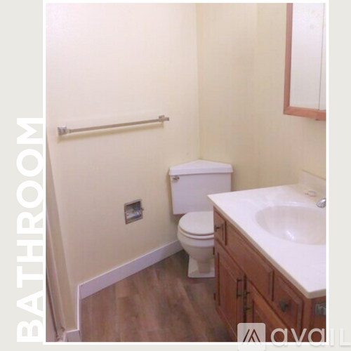 A bathroom with a toilet, sink and wooden floors.