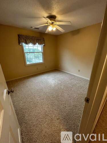 A room with a carpeted floor, a ceiling fan, and a window with a view of trees outside.