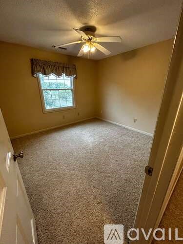 A room with a carpeted floor, a ceiling fan, and a window with a view of trees outside.