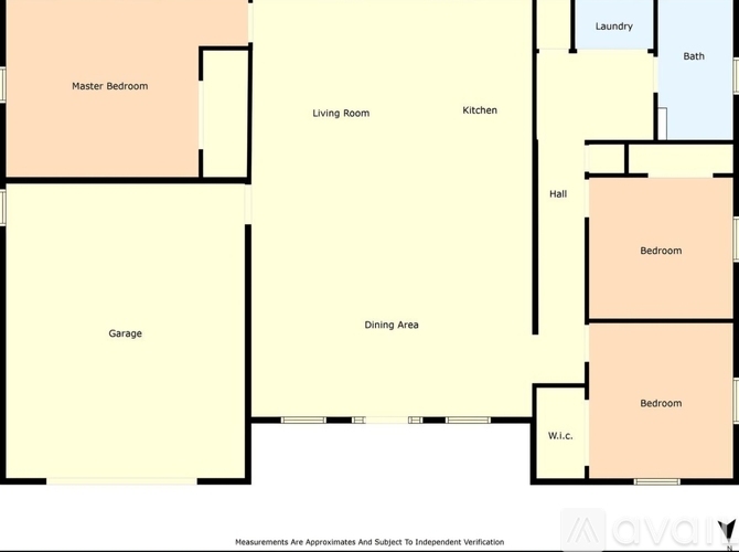 A floor plan of a house with a Master Bedroom, Living Room, Kitchen, Dining Area, Bath, Laundry, and two Bedrooms.