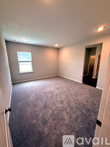 A room with a carpeted floor and a window.