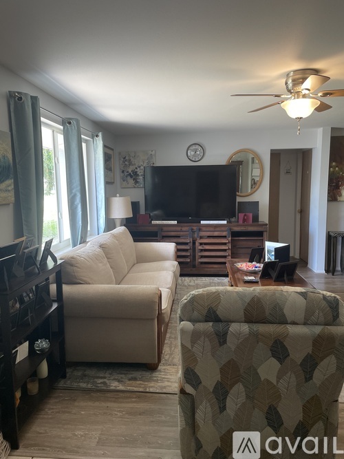 A living room with a television, couch, and a fan.