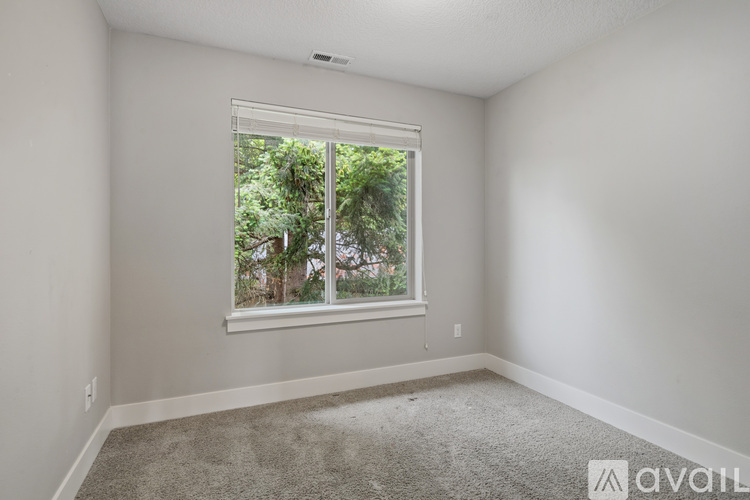 A room with a carpeted floor and a window showing a view of trees.
