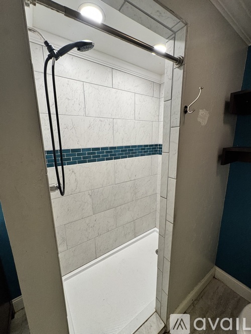 A shower with a black hose and a white tub.